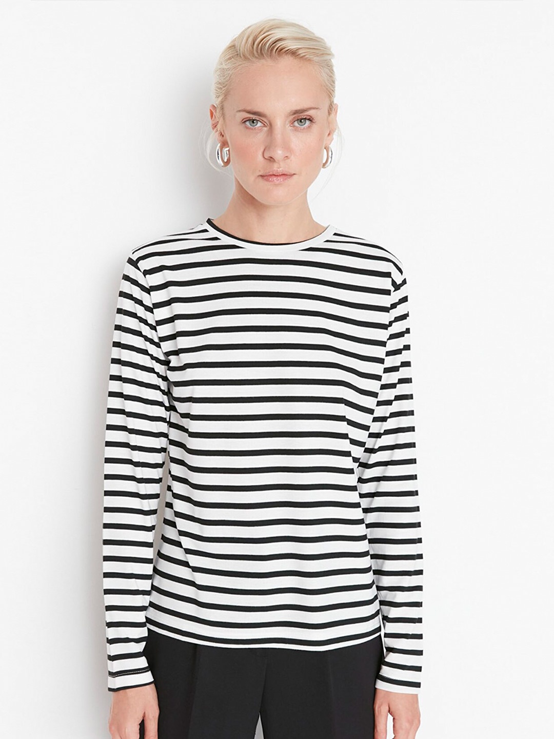 

Trendyol Women White & Black Striped Polyester T-shirt