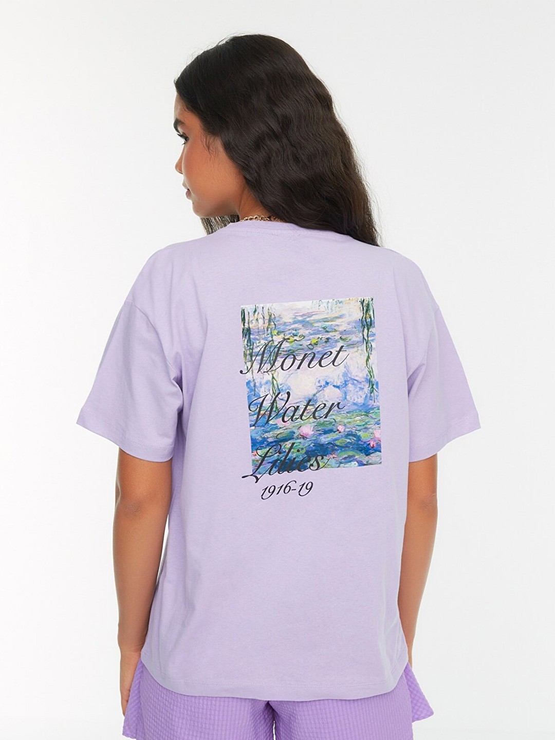 

Trendyol Women Lavender Printed Drop-Shoulder Sleeves Cotton T-shirt