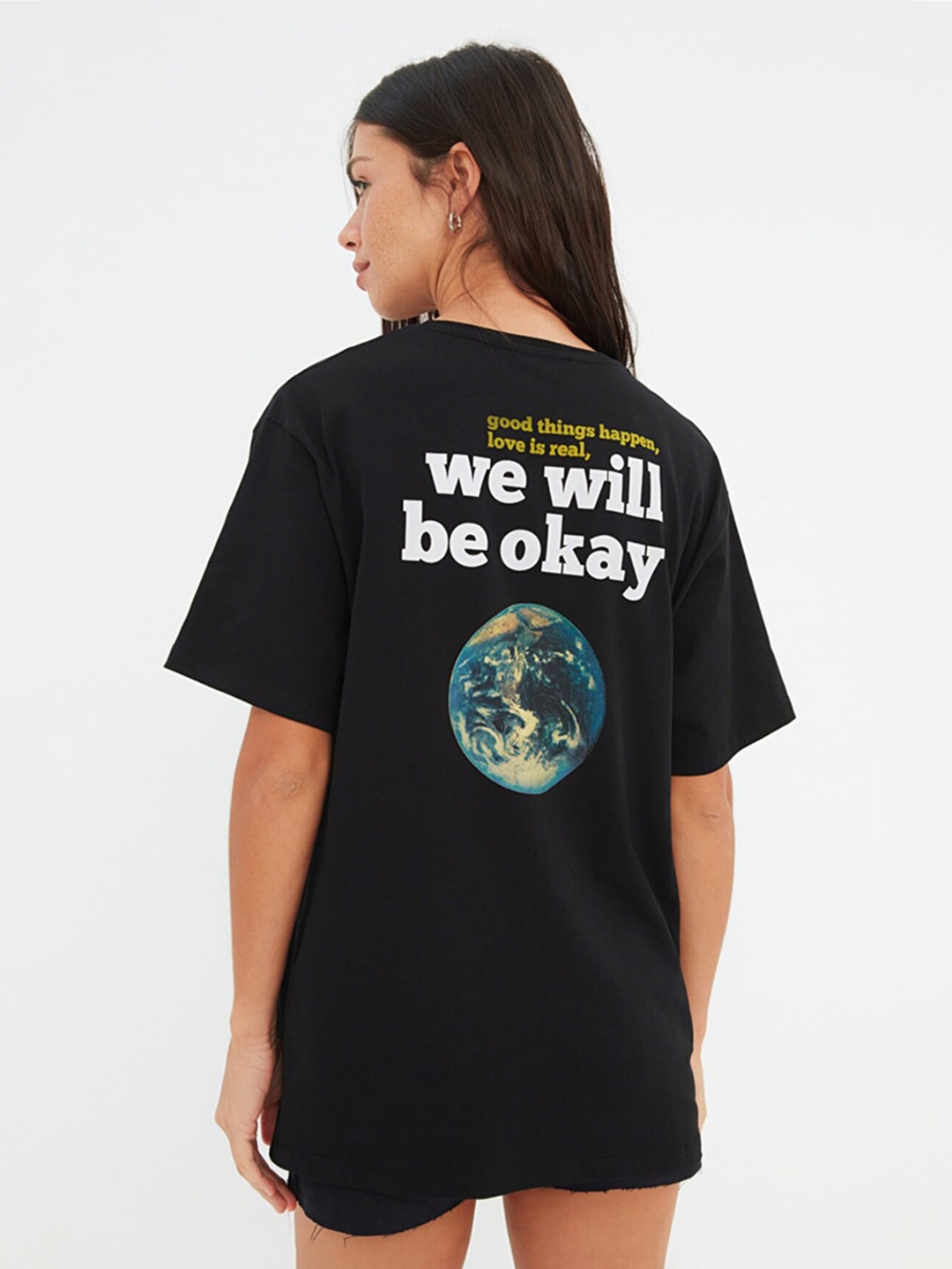 

Trendyol Women Black Typography Printed Drop-Shoulder Sleeves Cotton T-shirt