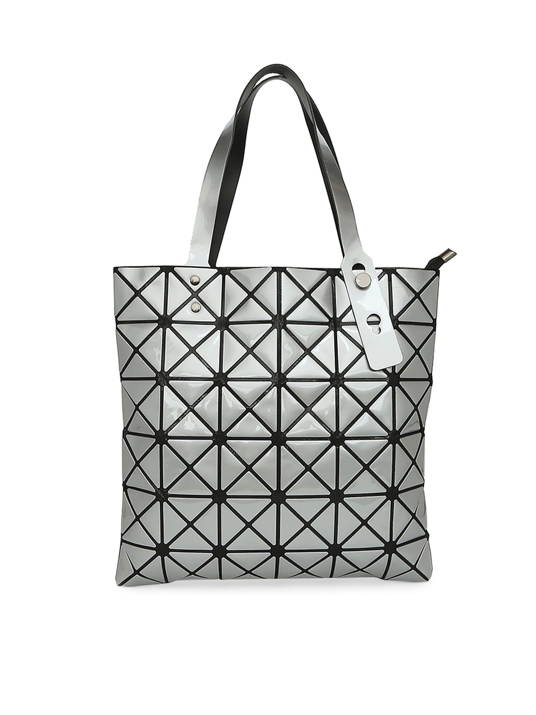 

BAOMI Grey Geometric Printed PU Shopper Handheld Bag with Cut Work