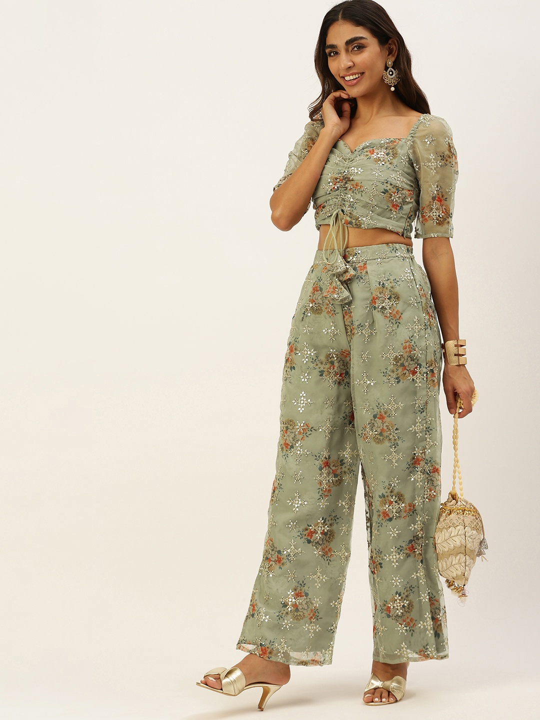 

Ethnovog Woman Organza Embroidered Ready To Wear Co Ords Set, Green