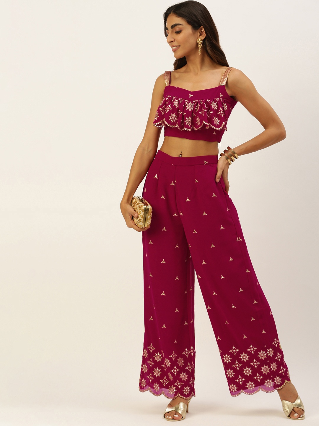 

Ethnovog Woman Embroidered Ready To Wear Co Ords Set, Pink