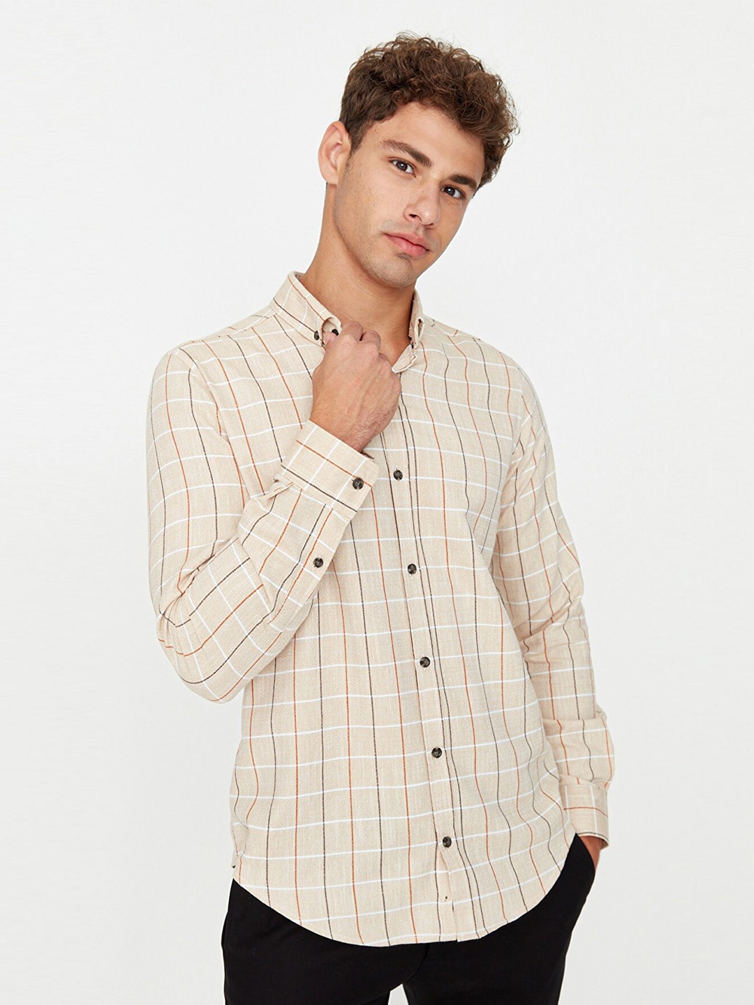 

Trendyol Men Beige Checked Pure Cotton Casual Shirt