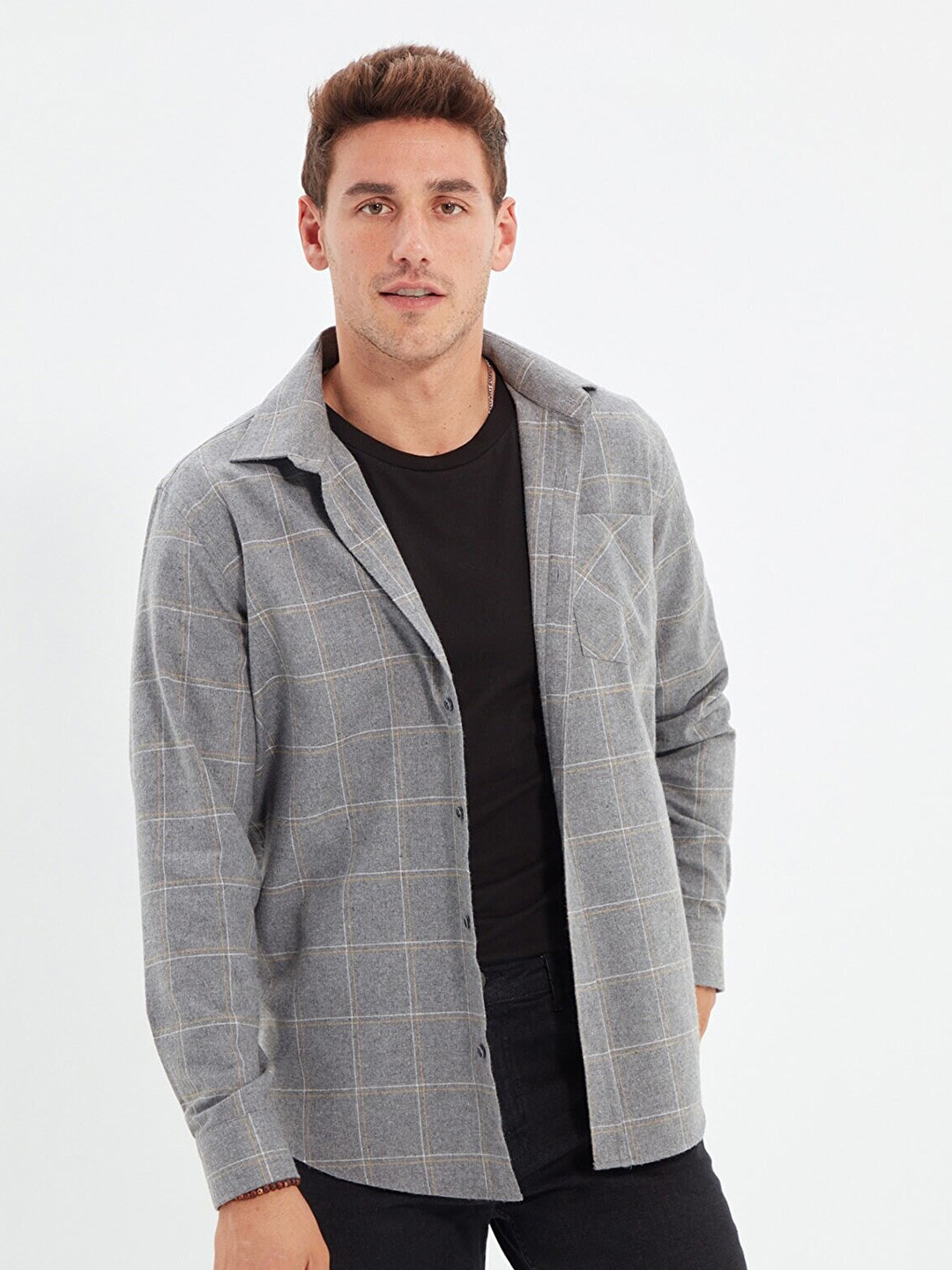 

Trendyol Men Grey Windowpane Checked Casual Shirt