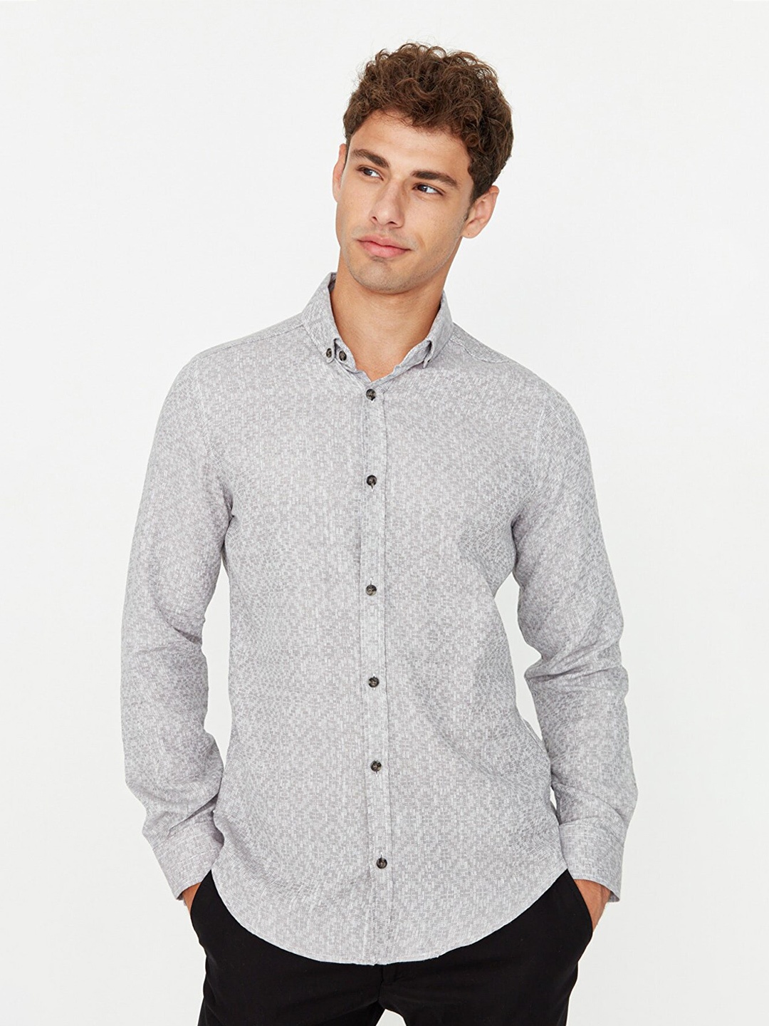 

Trendyol Men Grey Self Design Pure Cotton Casual Shirt