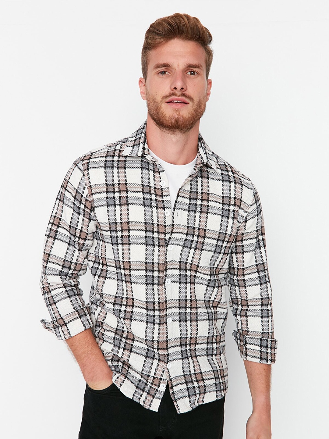 

Trendyol Men Tartan Checks Checked Casual Shirt, Beige