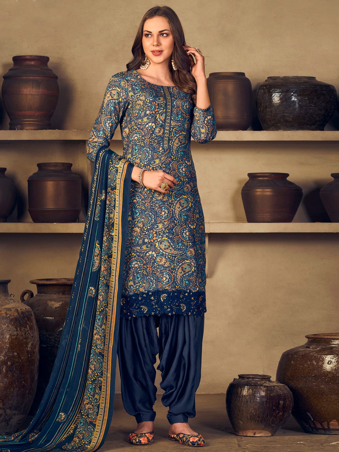 

Stylee LIFESTYLE Navy Blue & Orange Printed Pure Silk Unstitched Dress Material