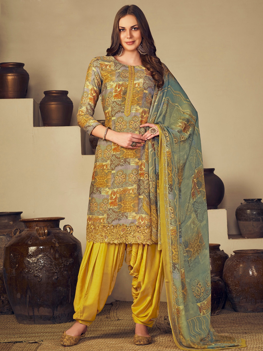 

Stylee LIFESTYLE Yellow & Green Printed Pure Silk Unstitched Dress Material