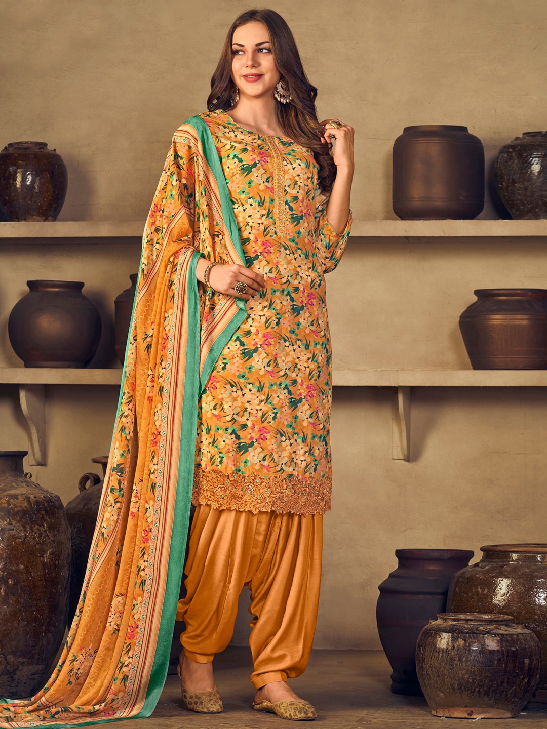 

Stylee LIFESTYLE Orange & Green Printed Pure Silk Unstitched Dress Material