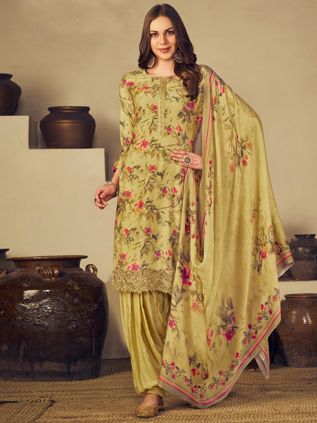 

Stylee LIFESTYLE Women Yellow & Pink Floral Printed Pure Silk Unstitched Dress Material