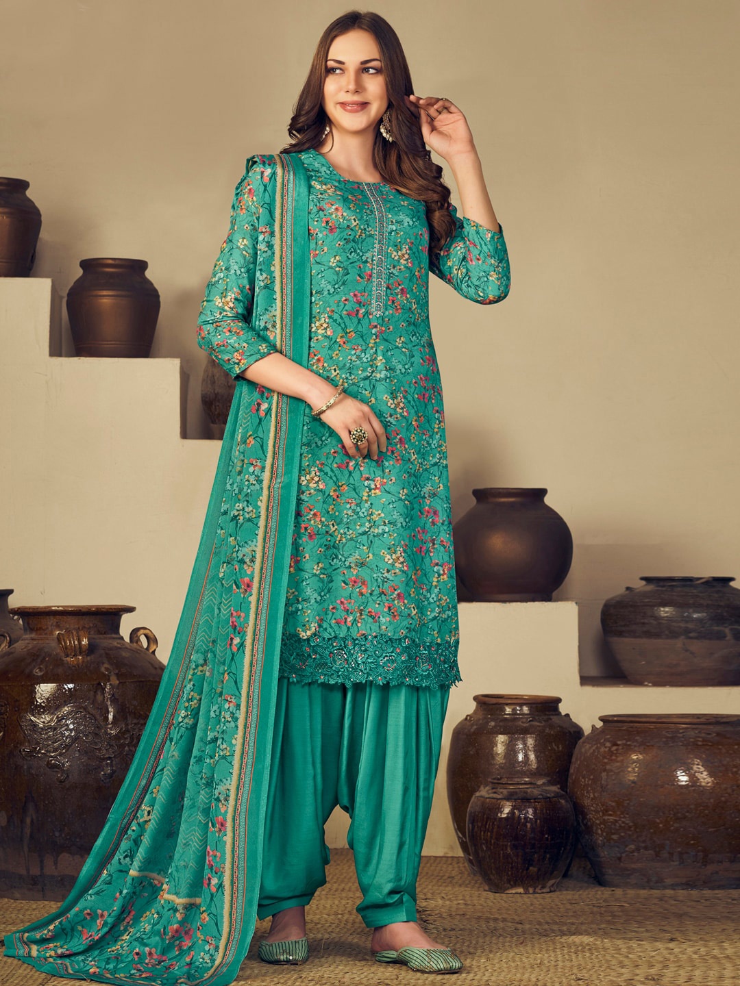 

Stylee LIFESTYLE Teal & Red Printed Pure Silk Unstitched Dress Material
