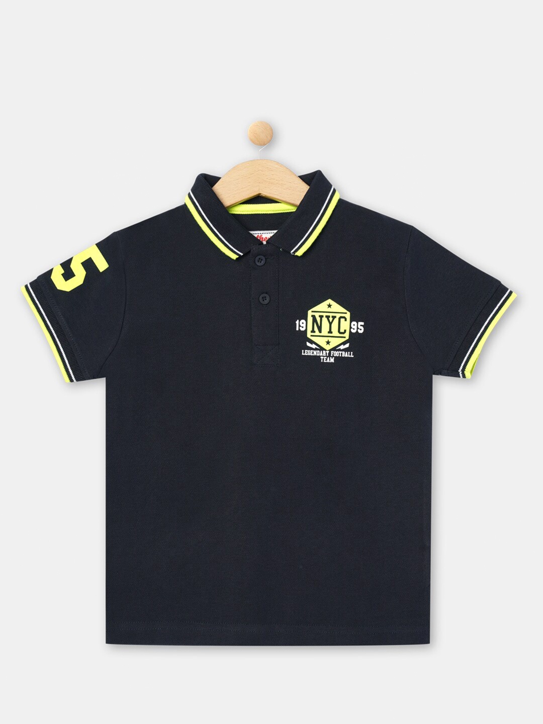 

R&B Boys Navy Blue & Yellow Typography Printed Polo Collar T-shirt