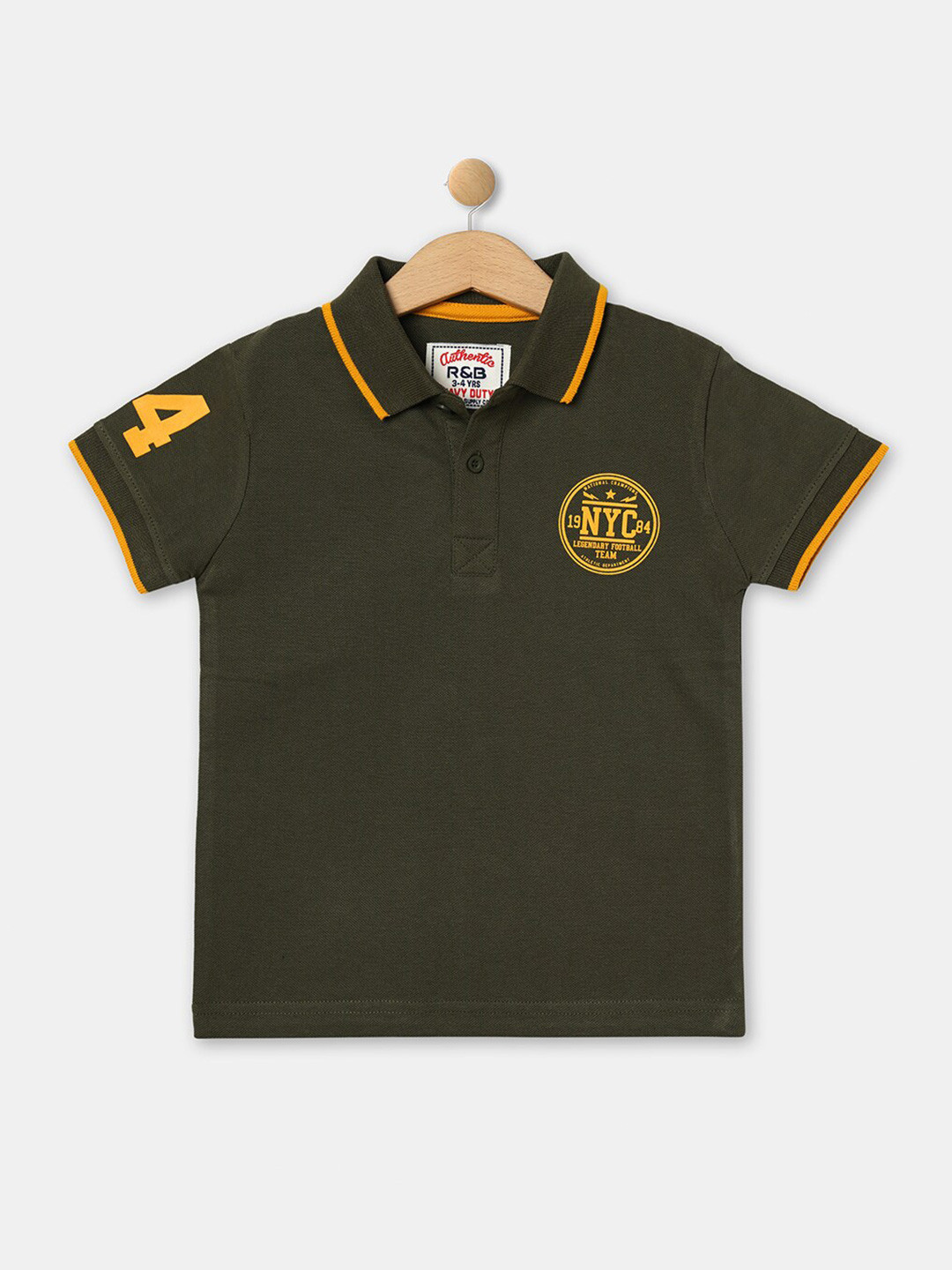 

R&B Boys Olive Green & Yellow Typography Printed Polo Collar T-shirt