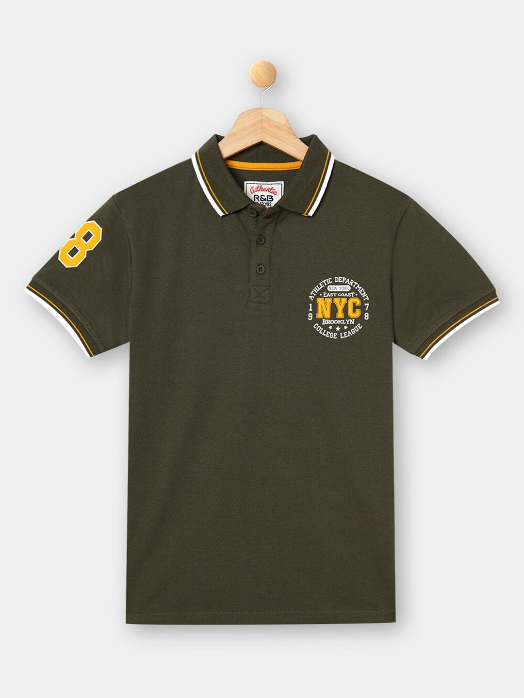 

R&B Boys Olive Green Polo Collar Applique Cotton T-shirt