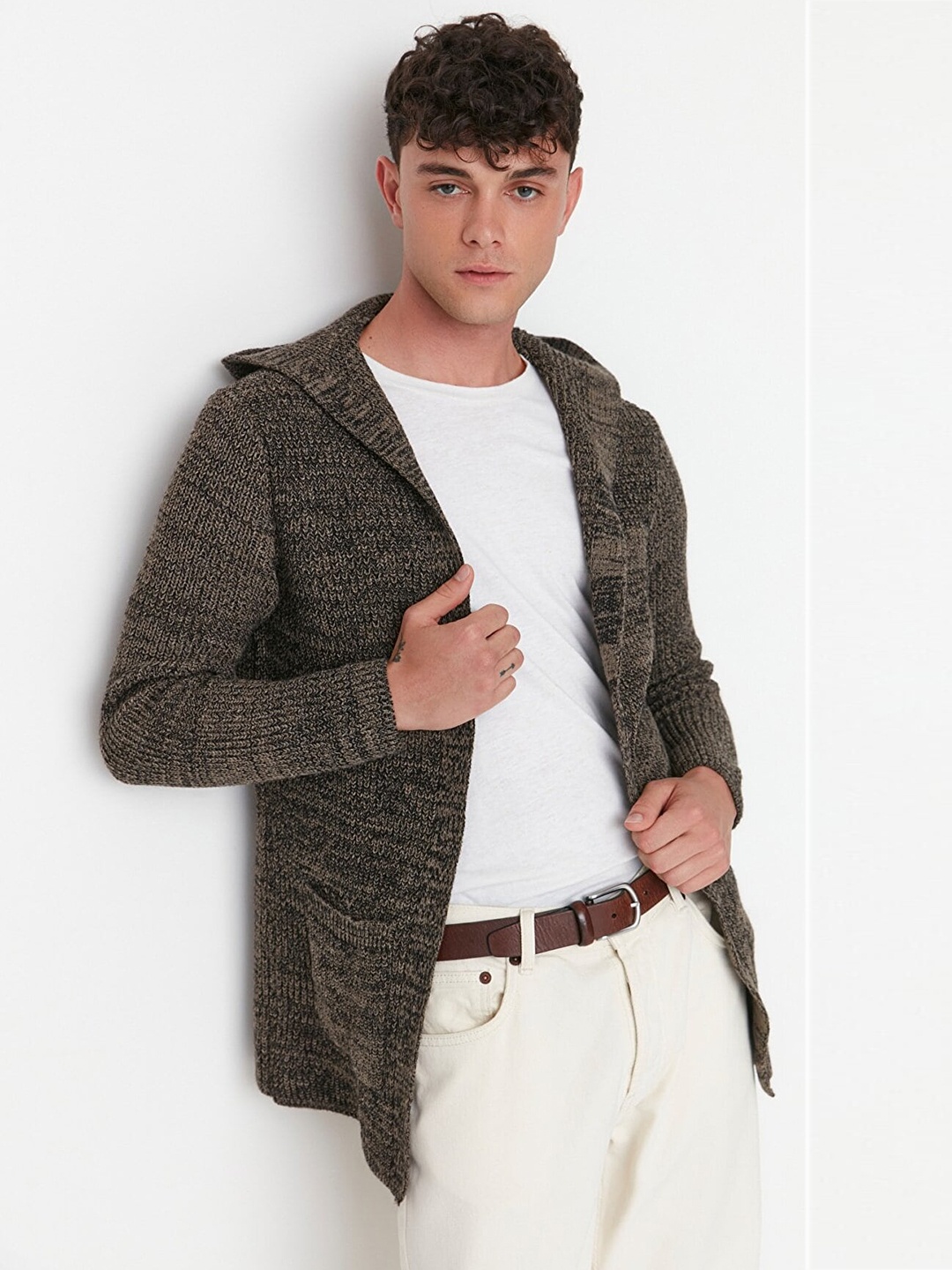 

Trendyol Men Knitted Open Front Jacket, Brown