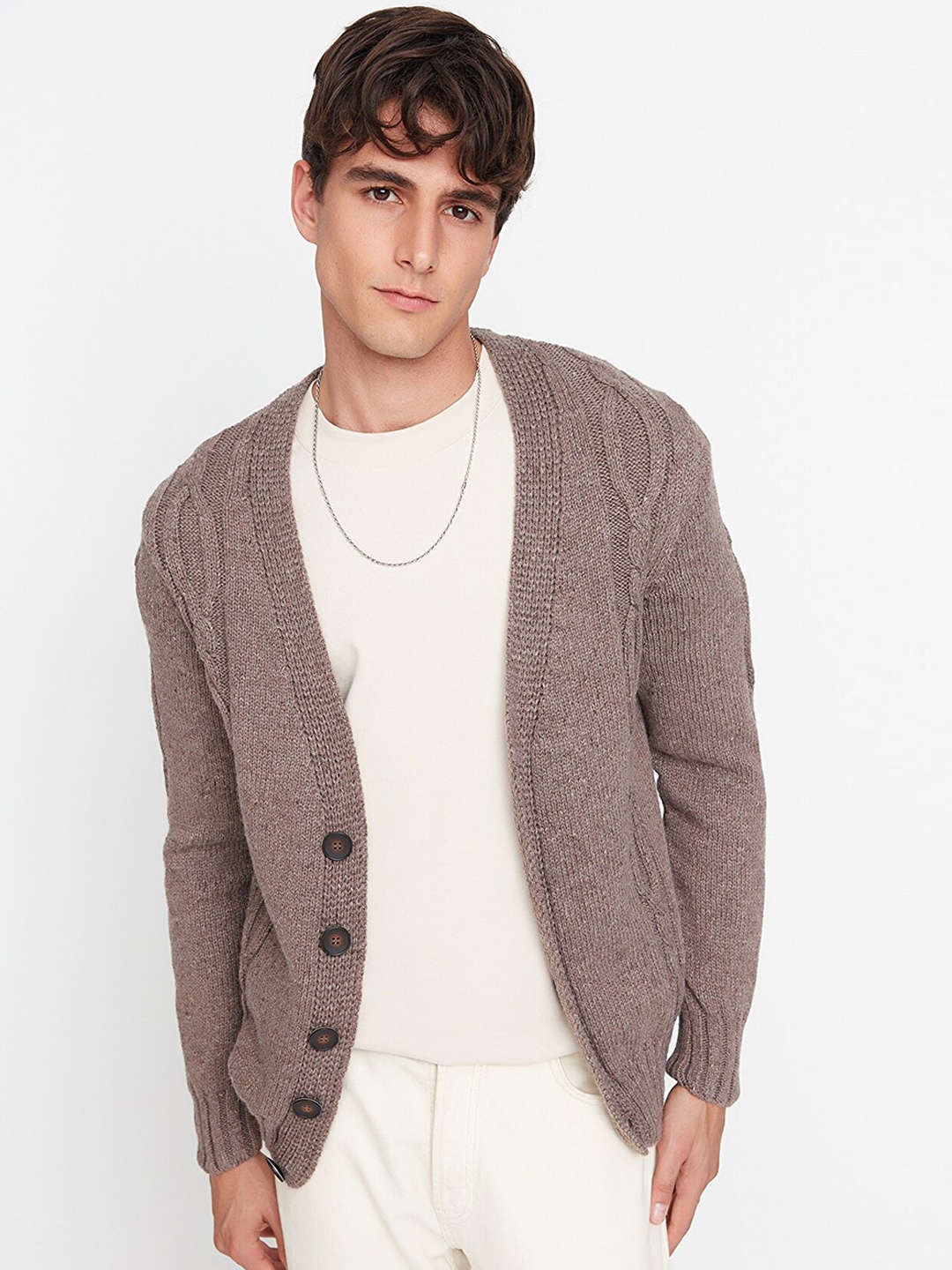 

Trendyol Men Brown Cable Knit Cardigan