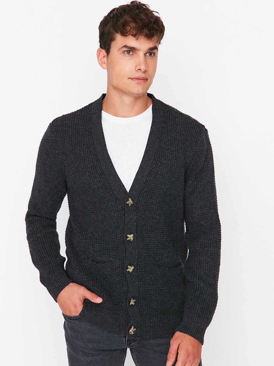 

Trendyol Men Charcoal Gold-Toned Acrylic Open Front Jacket