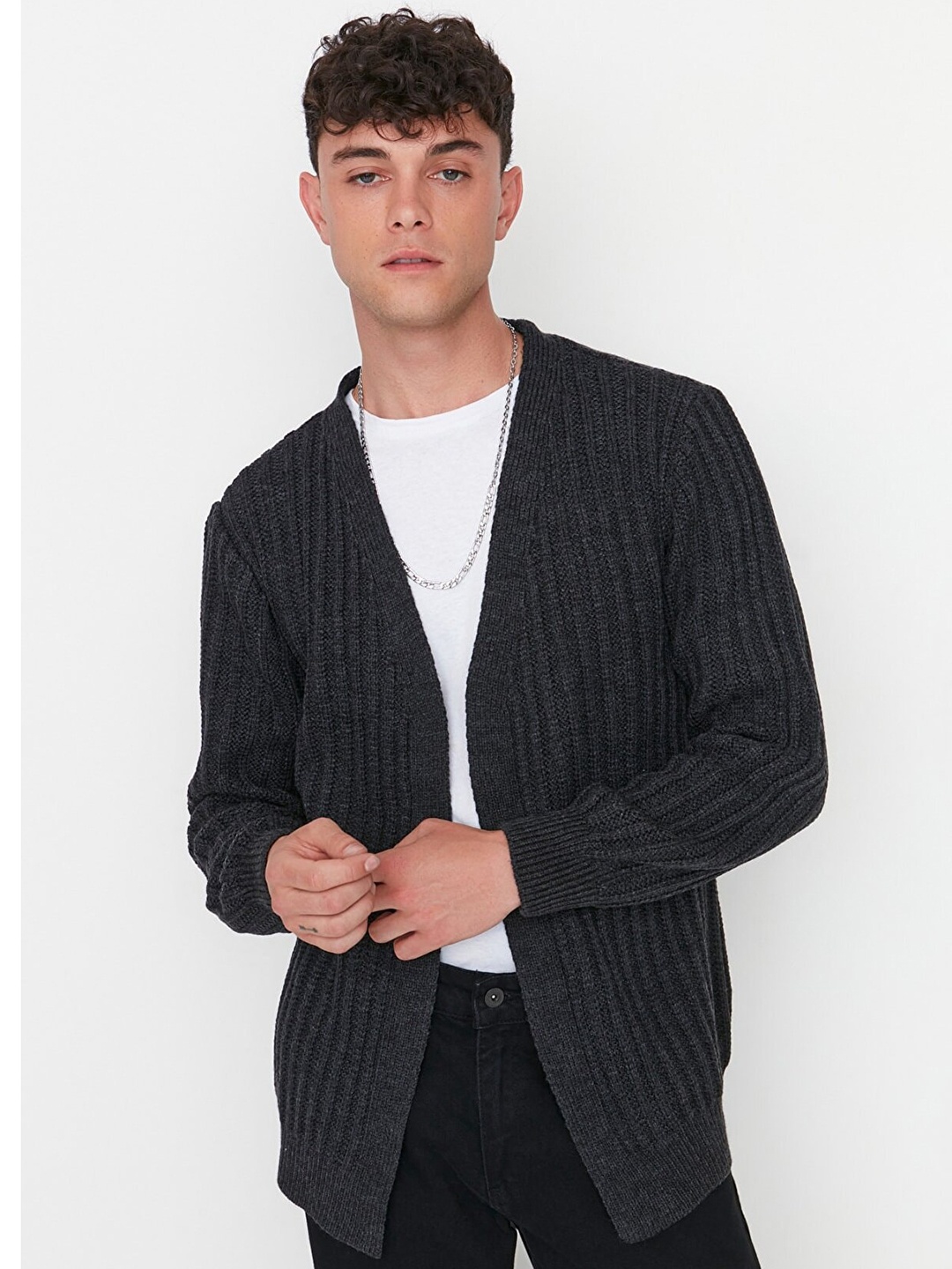 

Trendyol Men Charcoal Checked Open Front Jacket