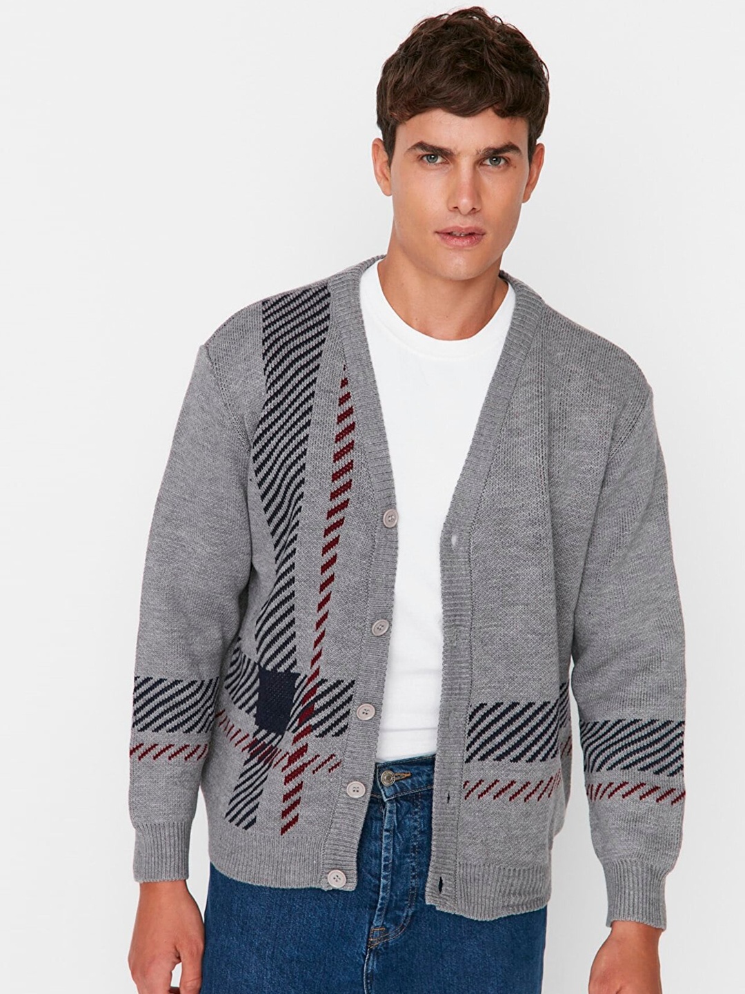 

Trendyol Men Grey & Navy Blue Cardigan Sweater