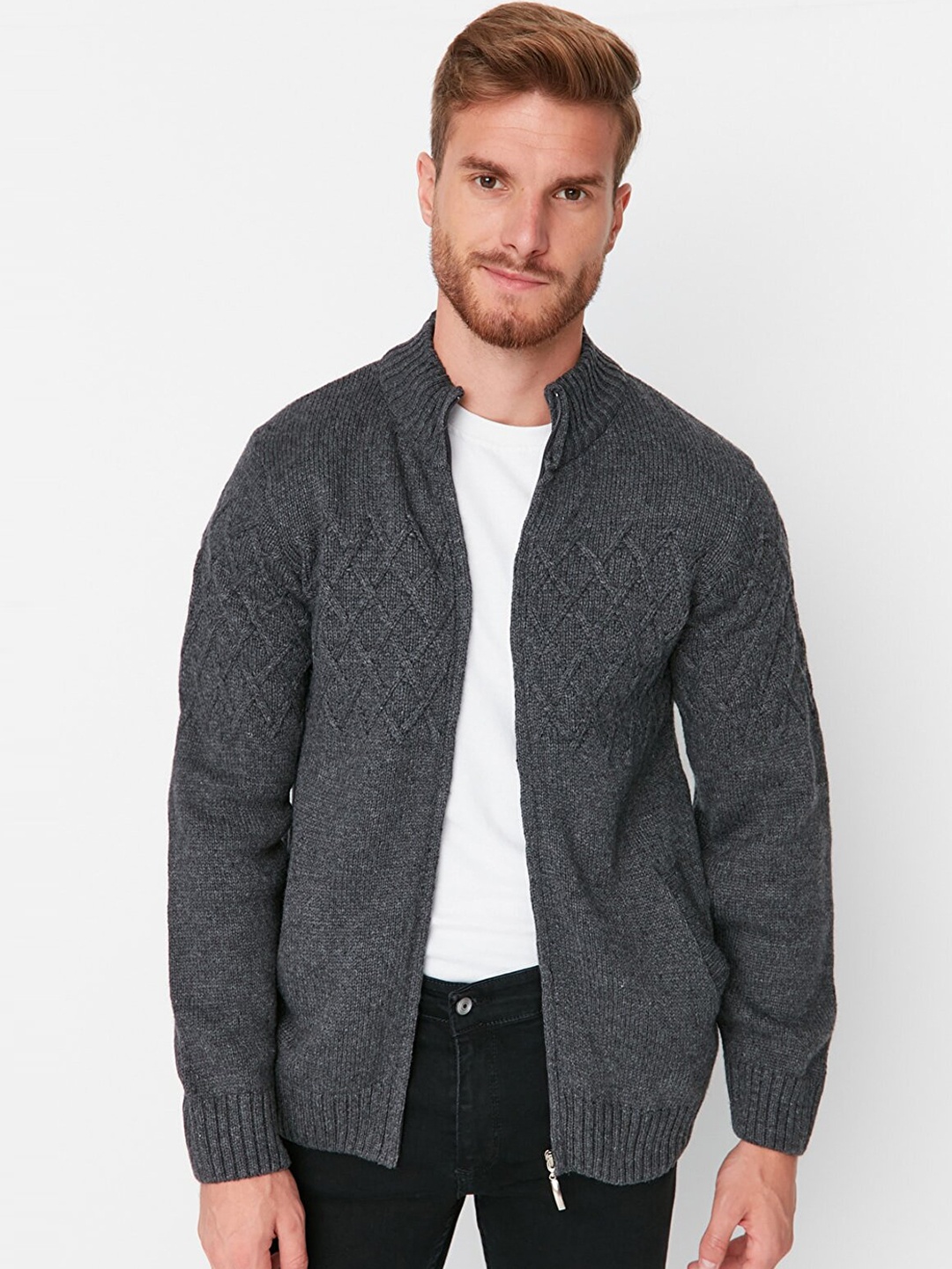 

Trendyol Men Charcoal Open Knit Cardigan