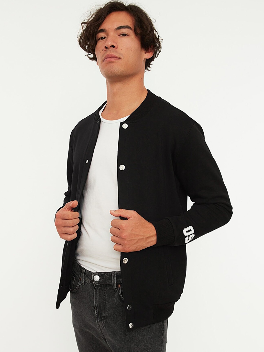 

Trendyol Men Black Alphanumeric Printed Pure Cotton Cardigan Sweater
