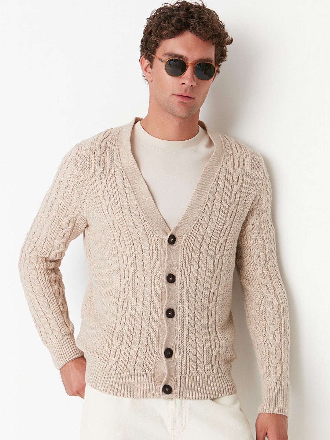 

Trendyol Men Beige Cable Knit Acrylic Cardigan Sweater