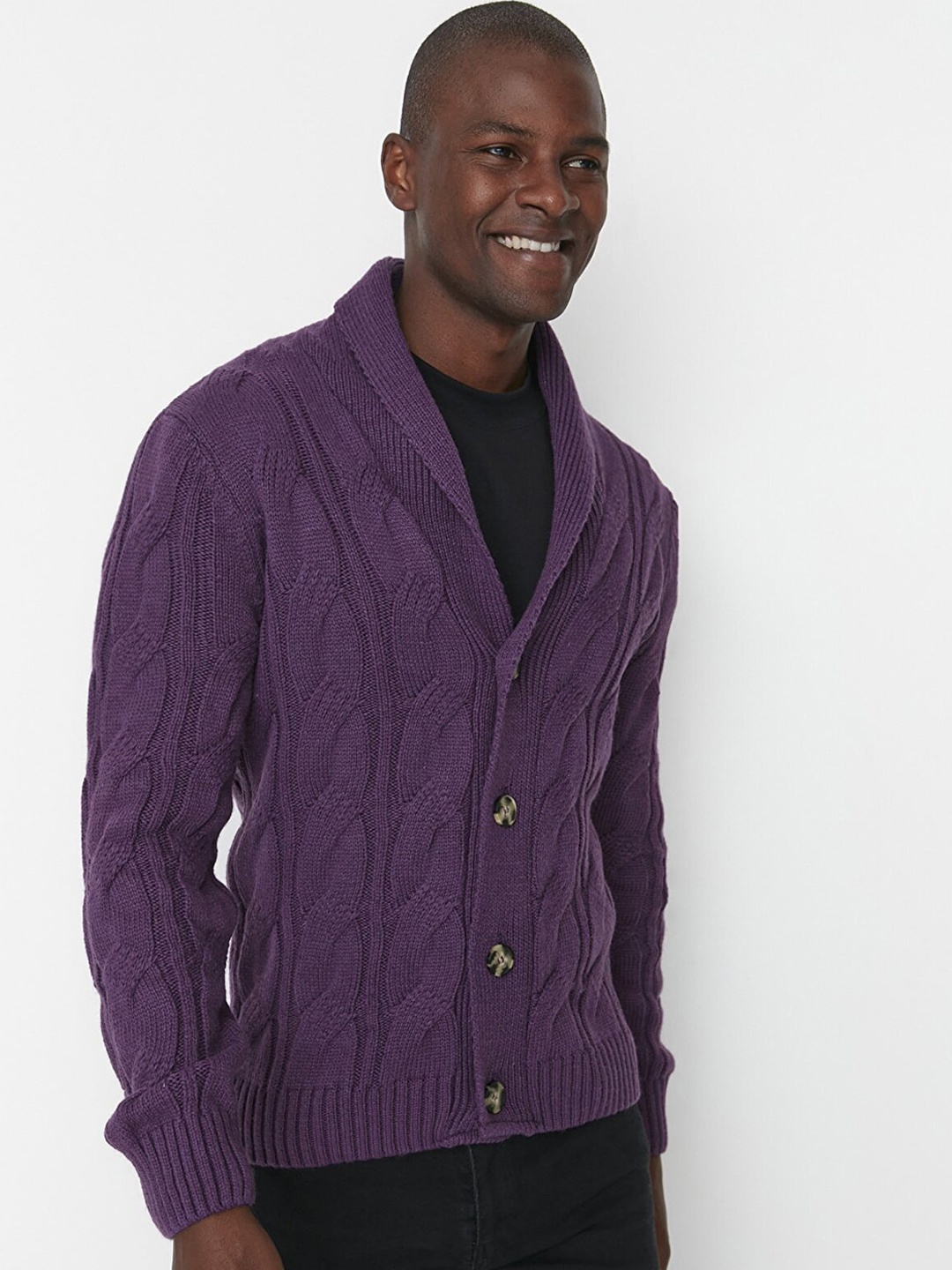 

Trendyol Men Purple Shawl Collar Self Design Cardigan Sweater