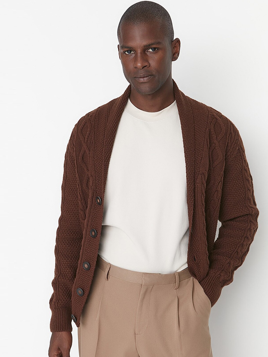 

Trendyol Men Coffee Brown Cable Knit Cardigan