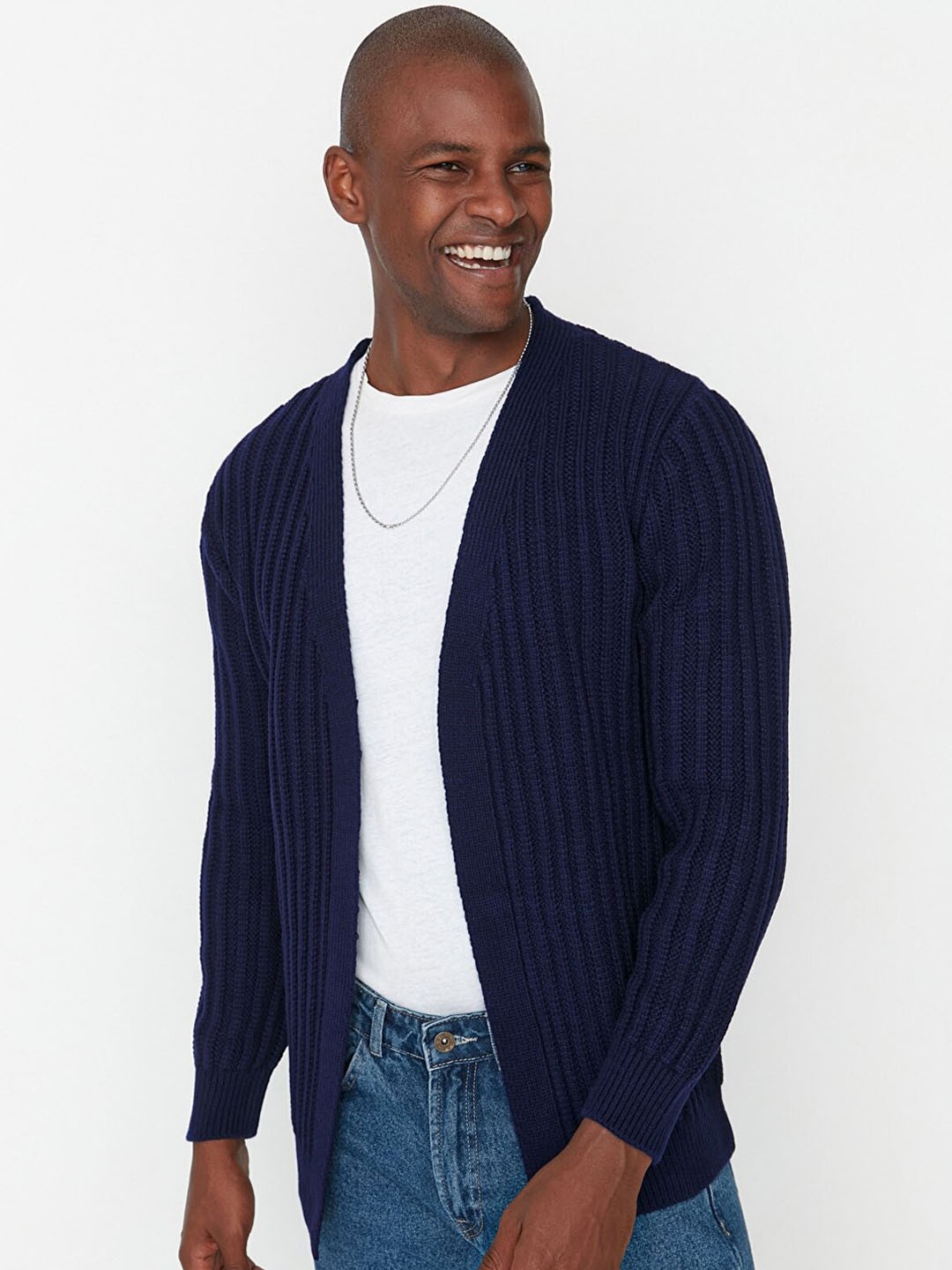 

Trendyol Men Navy Blue Striped Open Front Jacket