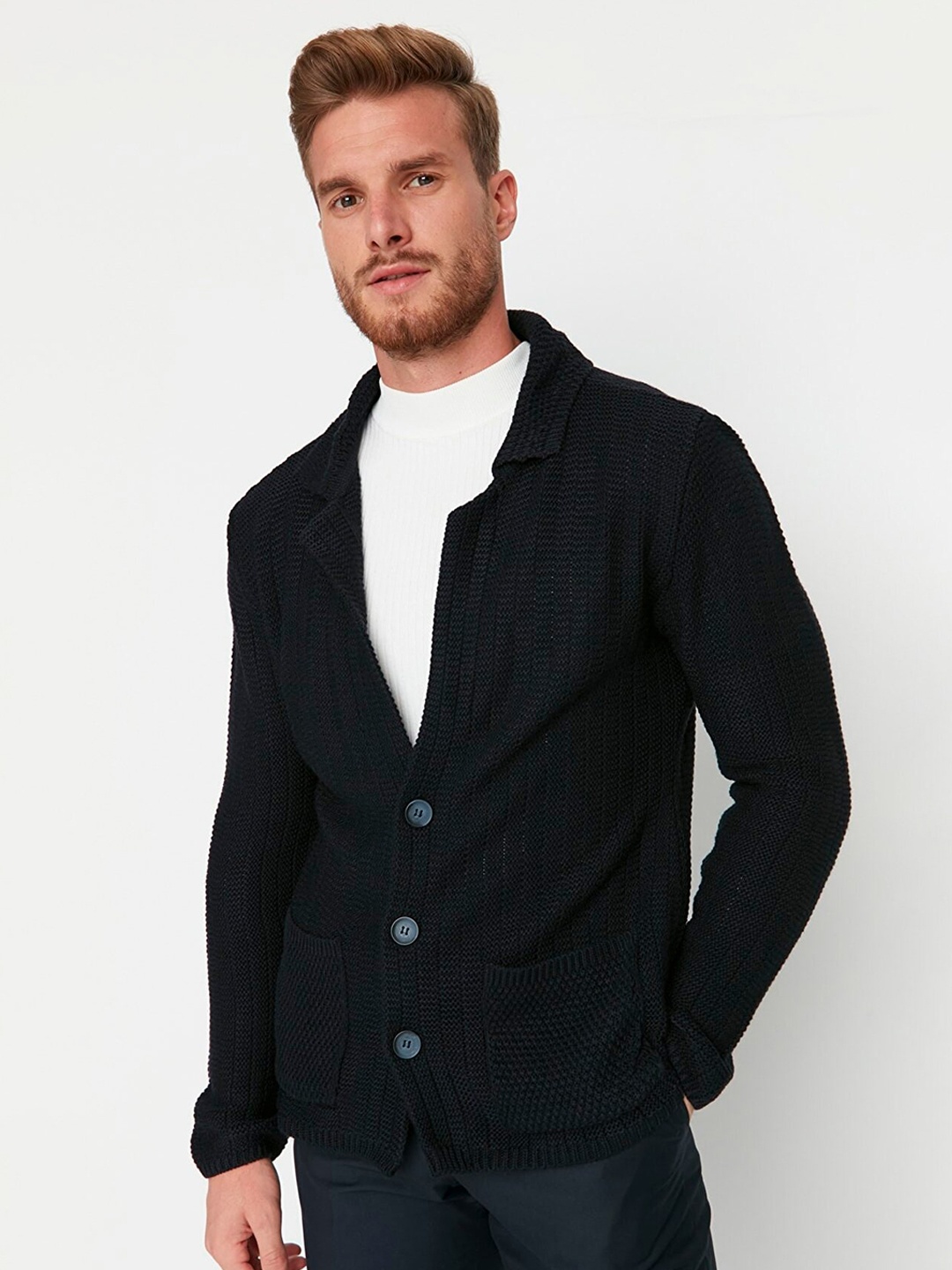 

Trendyol Men Navy Blue Striped Tailored Jacket