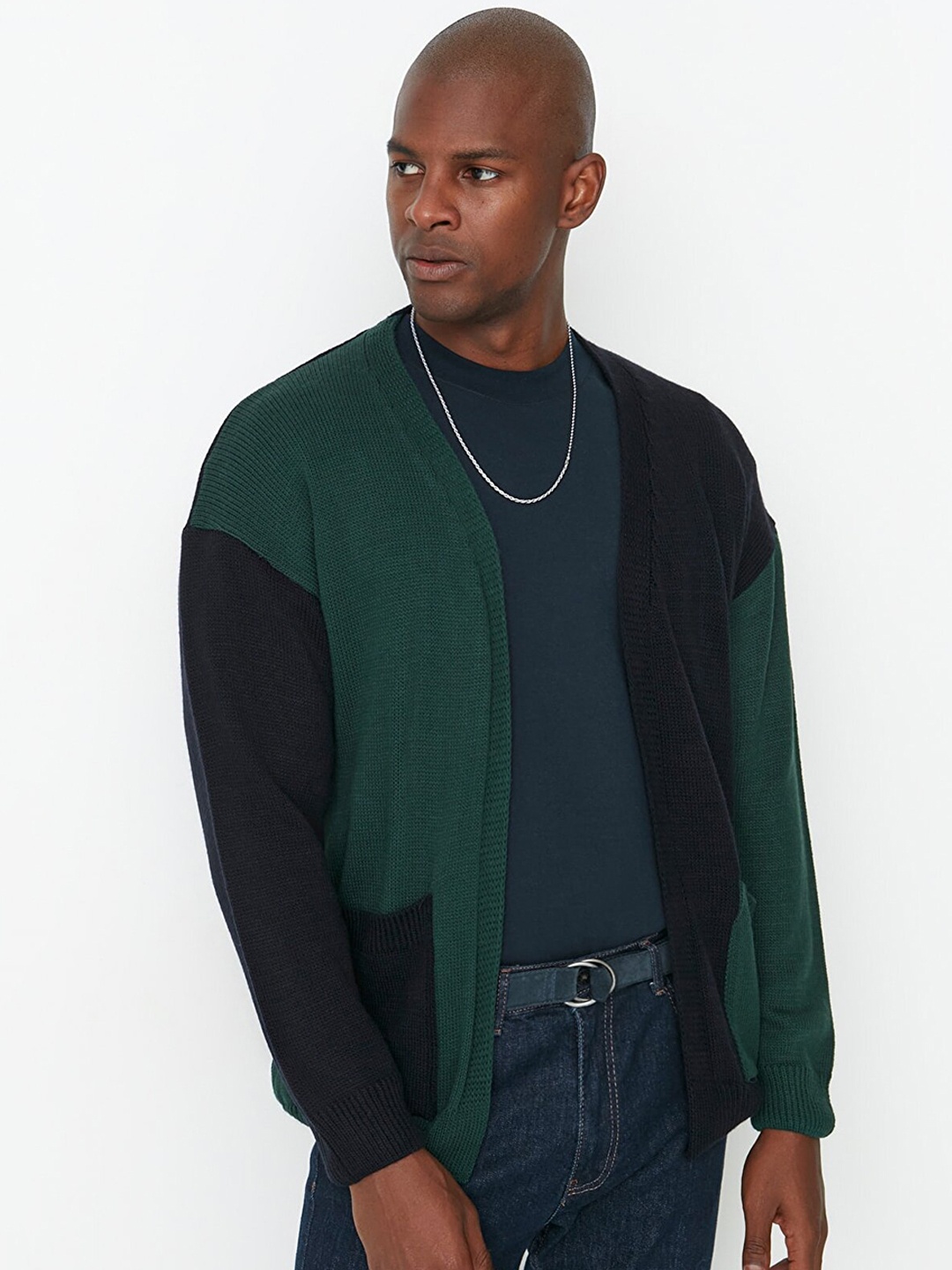 

Trendyol Men Navy Blue Black Colourblocked Open Front Jacket