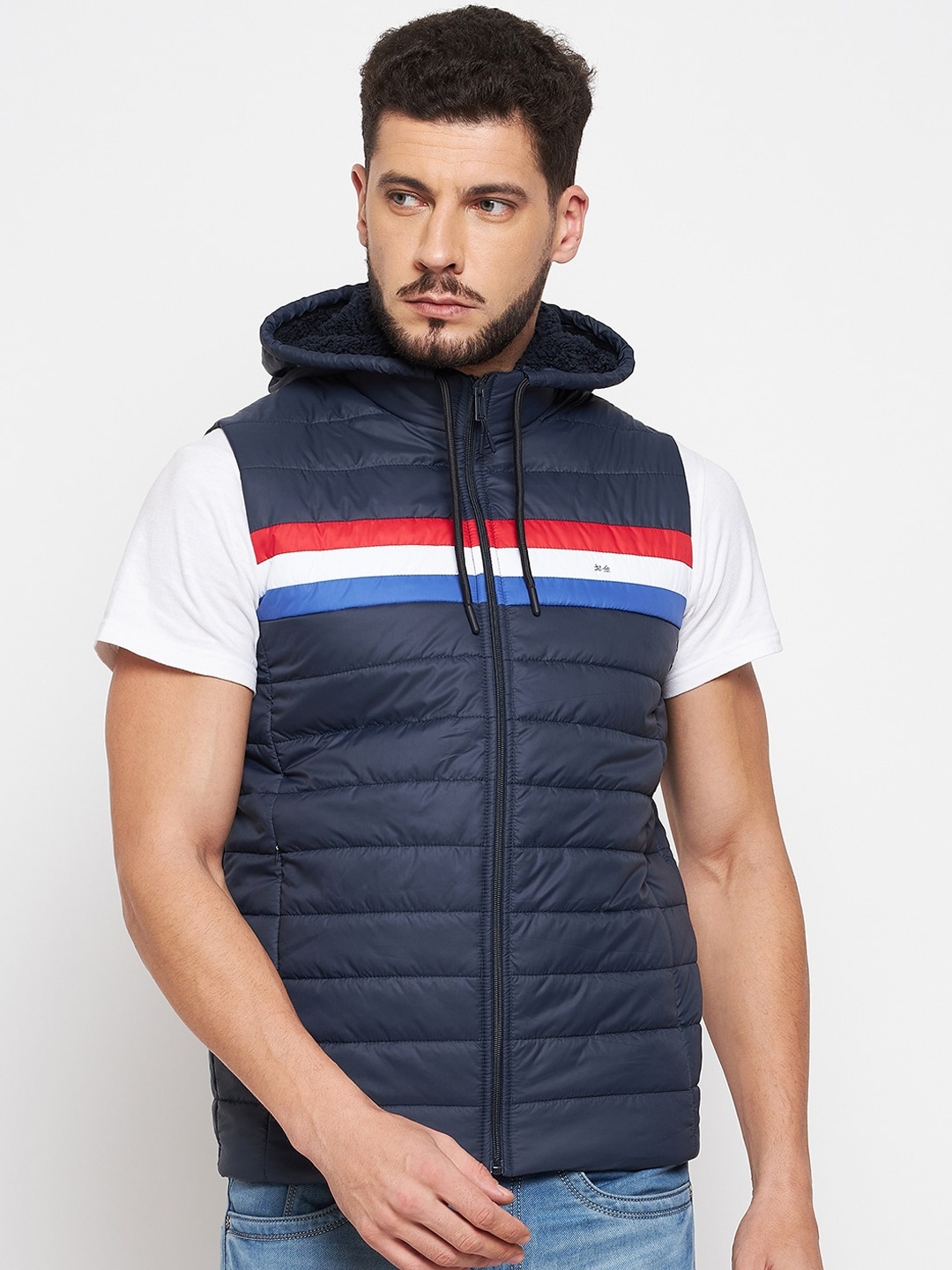 

Okane Men Navy Blue Red Striped Lightweight Hooded Padded Jacket
