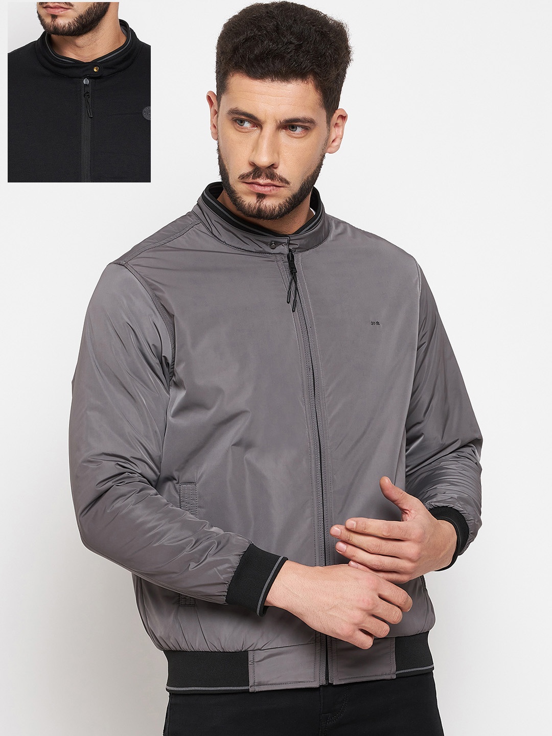 

Okane Men Grey Black Reversible Bomber Jacket