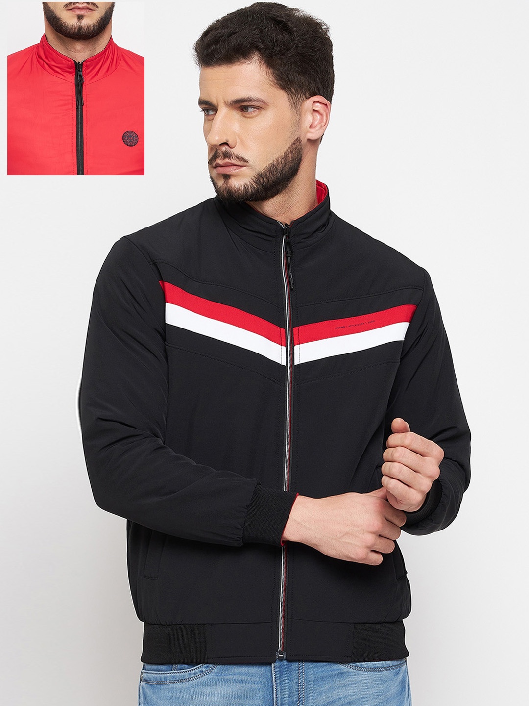 

Okane Men Black Red Striped Reversible Bomber Jacket