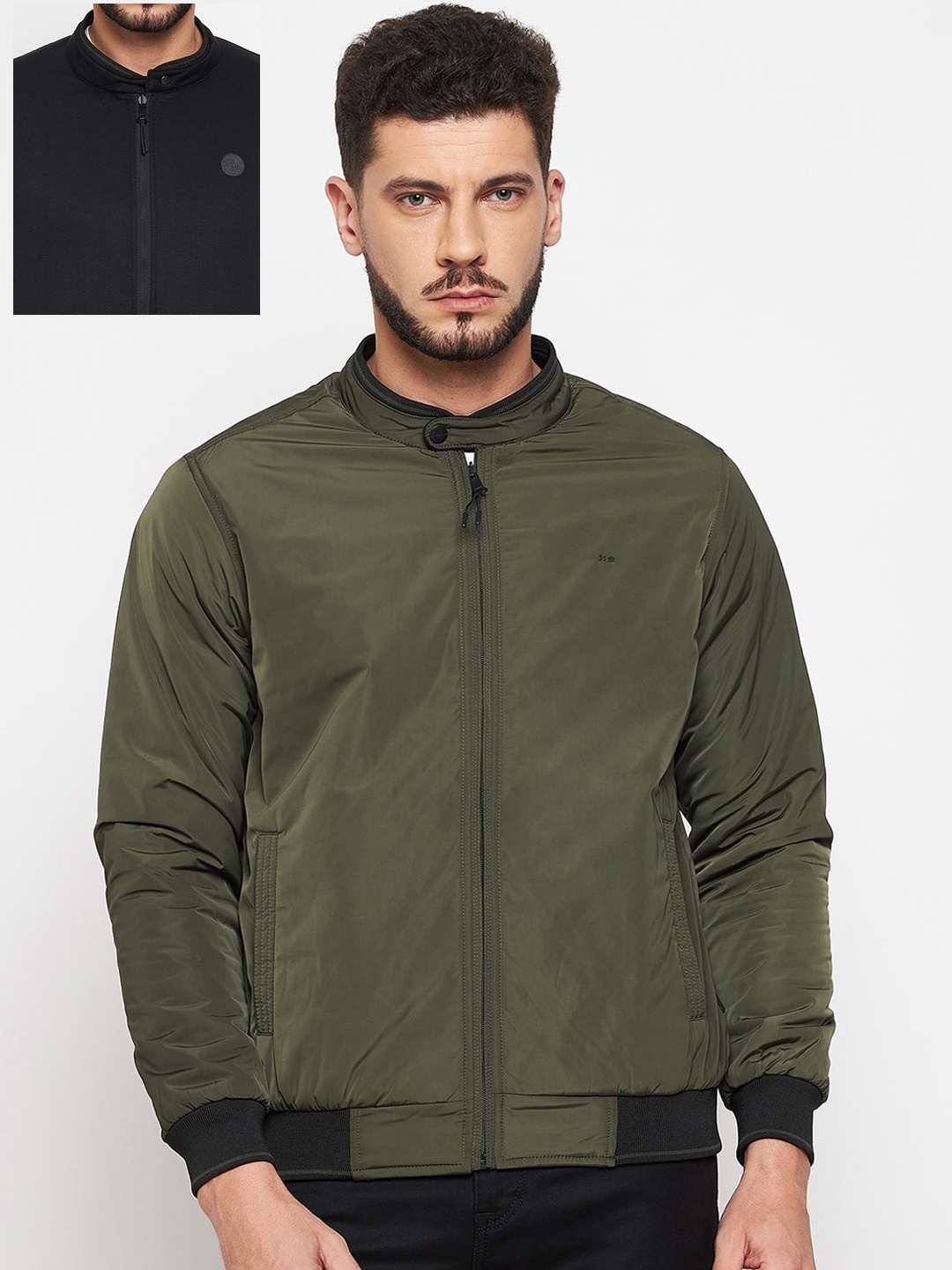 

Okane Men Olive Green Black Reversible Bomber Jacket
