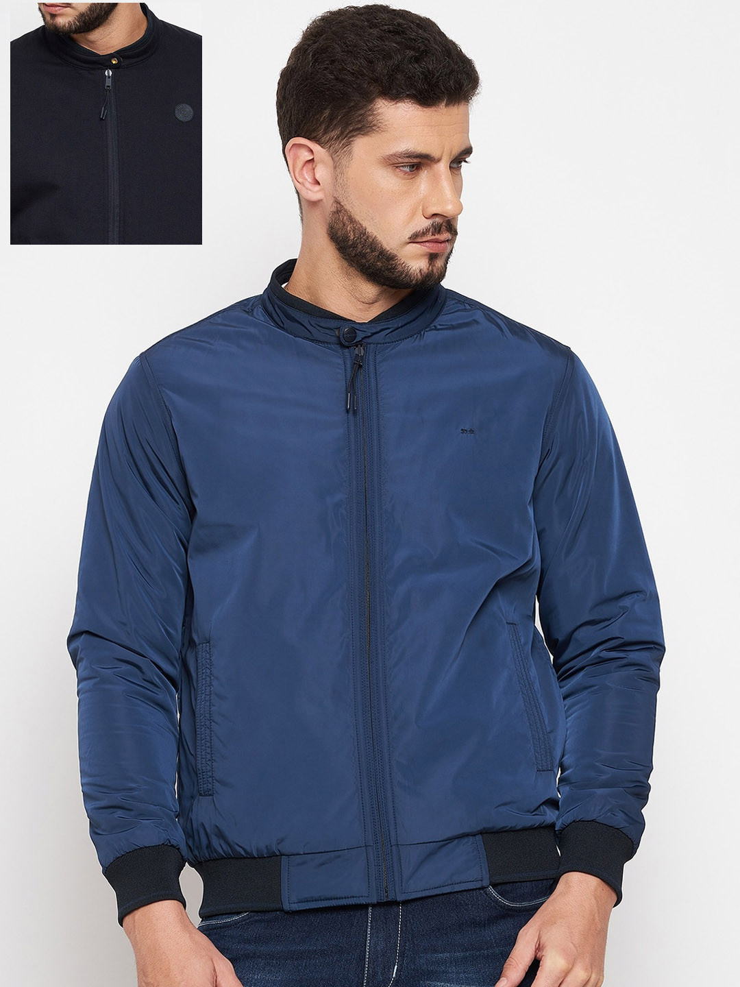 

Okane Men Solid Reversible Bomber Jacket, Navy blue