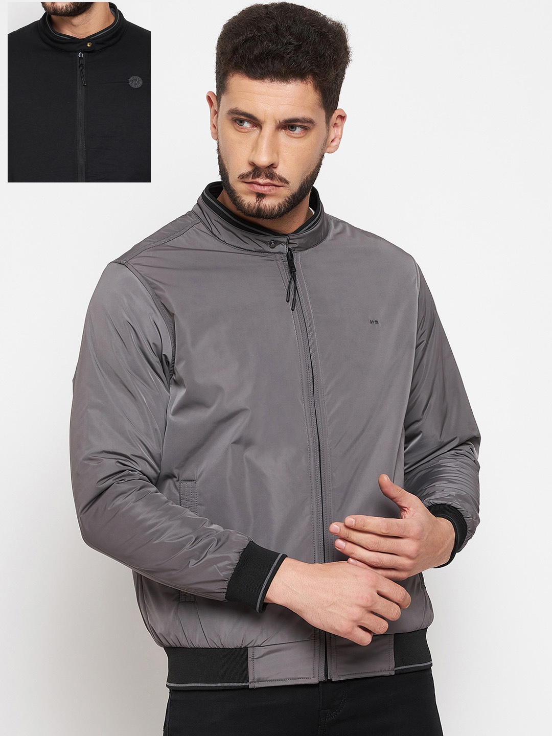 

Okane Men Grey Reversible Bomber Jacket