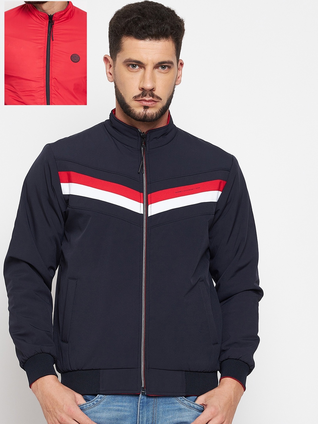 

Okane Men Navy Blue & Red Striped Reversible Bomber Jacket