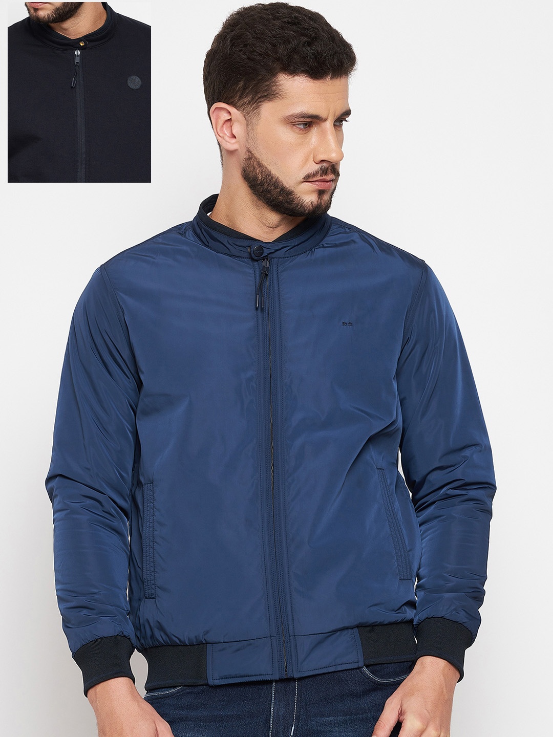 

Okane Men Navy Blue Reversible Bomber Jacket