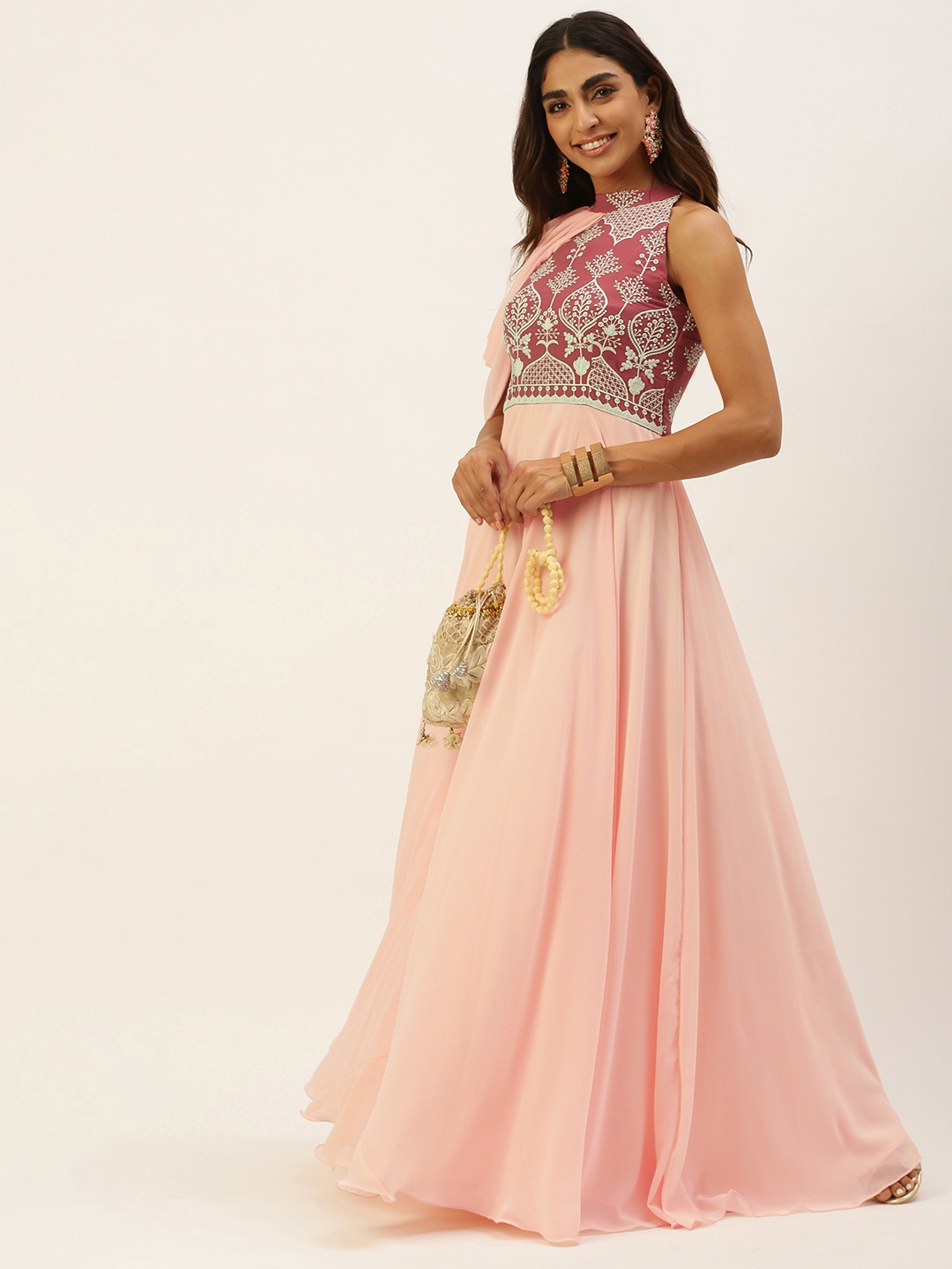 

Ethnovog Woman Floral Embroidered Georgette Maxi Dress, Peach