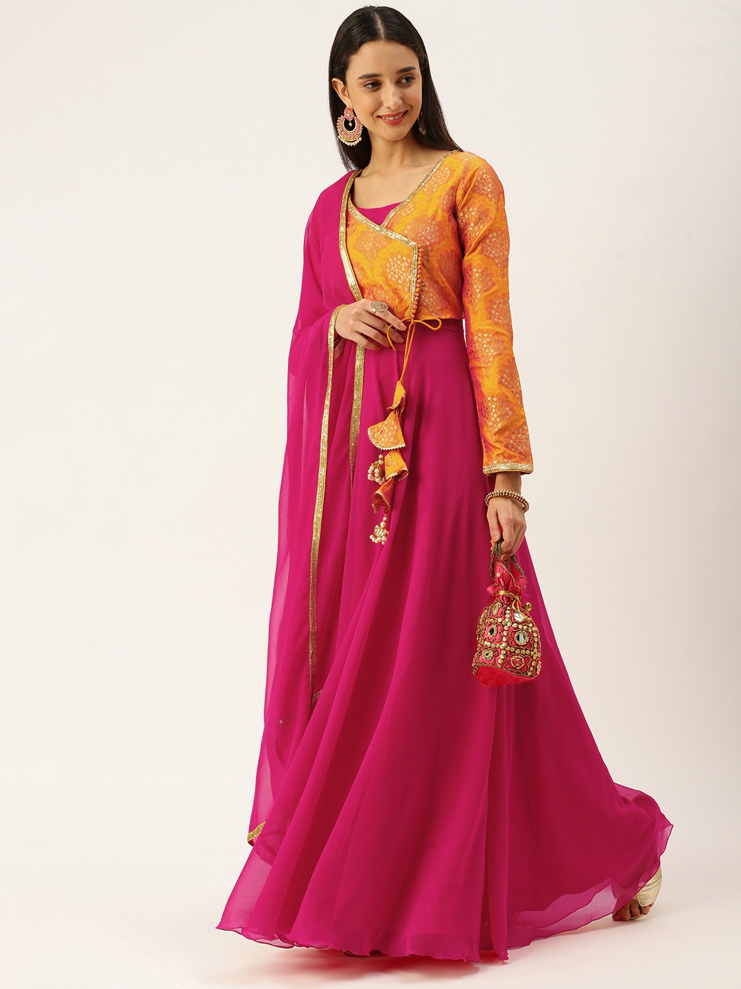 

Ethnovog Woman Ethnic Motifs Georgette Ethnic Maxi Dress, Pink