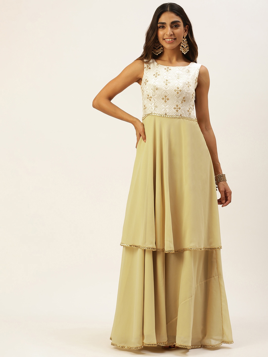 

Ethnovog Woman Embroidered Georgette Ethnic Maxi Dress, Beige