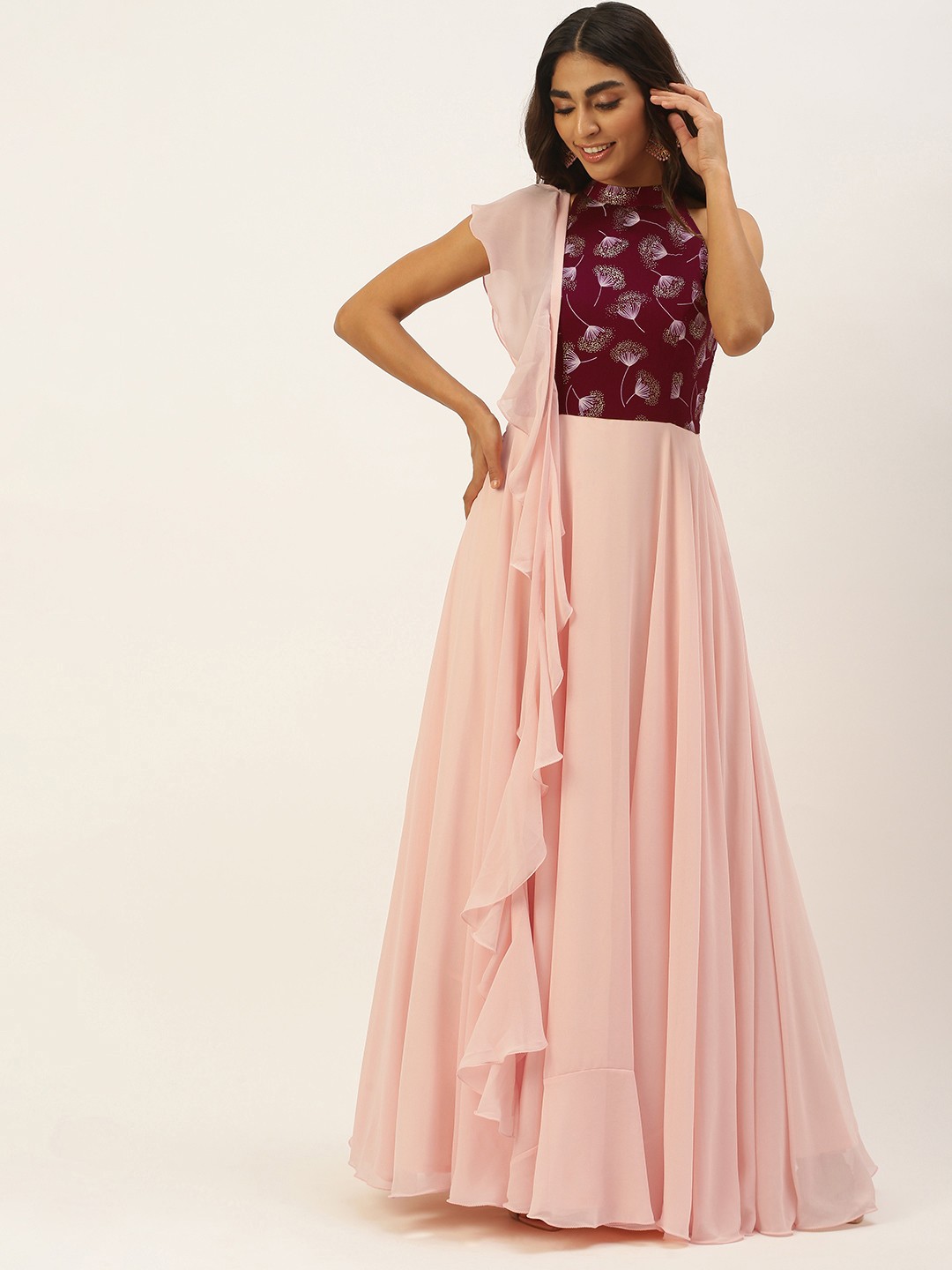 

Ethnovog Woman Floral Georgette Maxi Dress, Peach