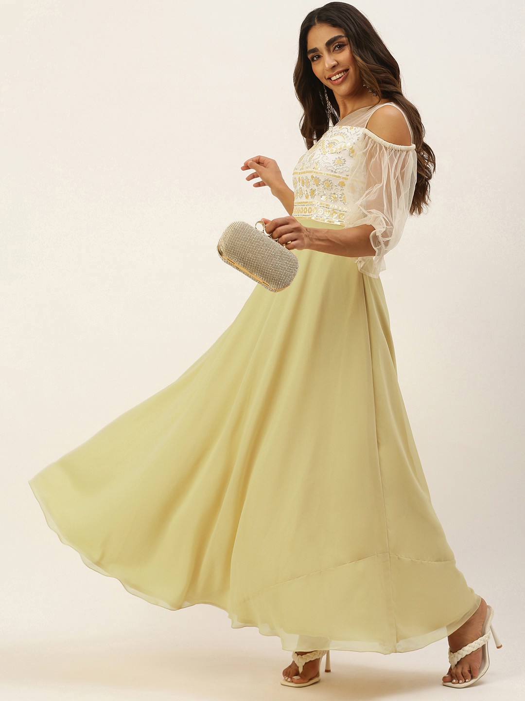 

Ethnovog Woman Floral Embroidered Georgette Maxi Dress, Beige