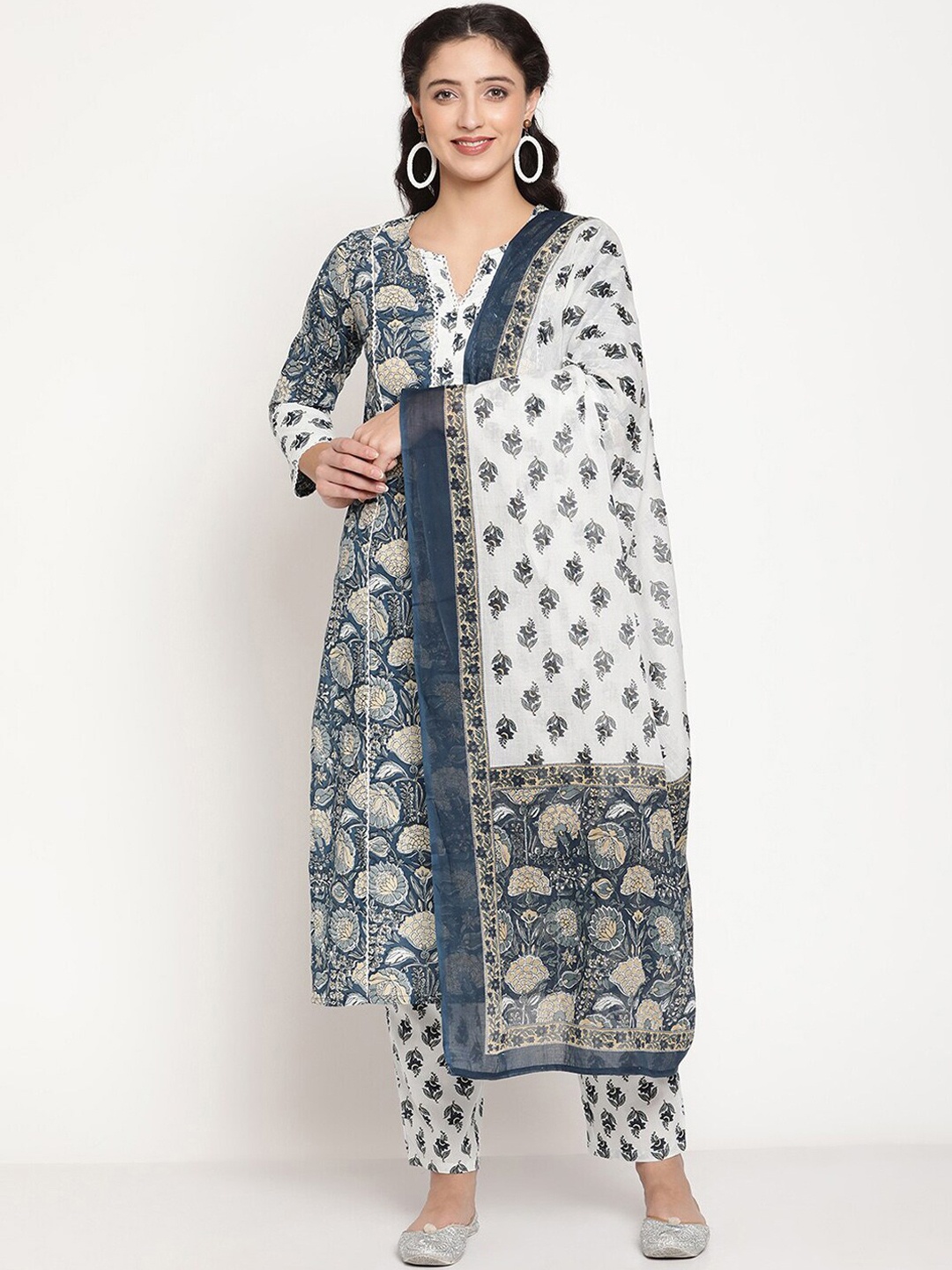 

Be Indi Women Floral Printed A-Line Kurta with Trousers & Dupatta, Blue