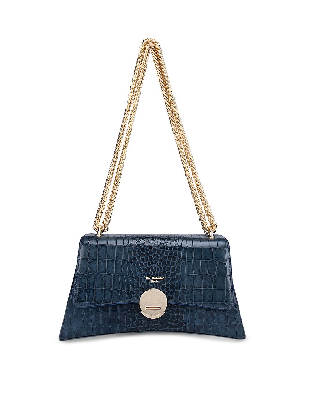 

Da Milano Blue And Gold Textured Leather Structured Sling Bag