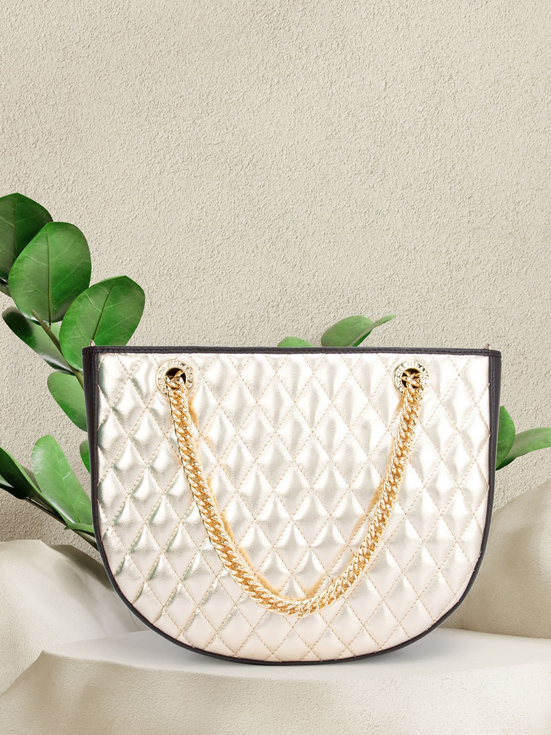 

Da Milano Gold Toned And Black Textured Quilted Leather Structured Sling Bag