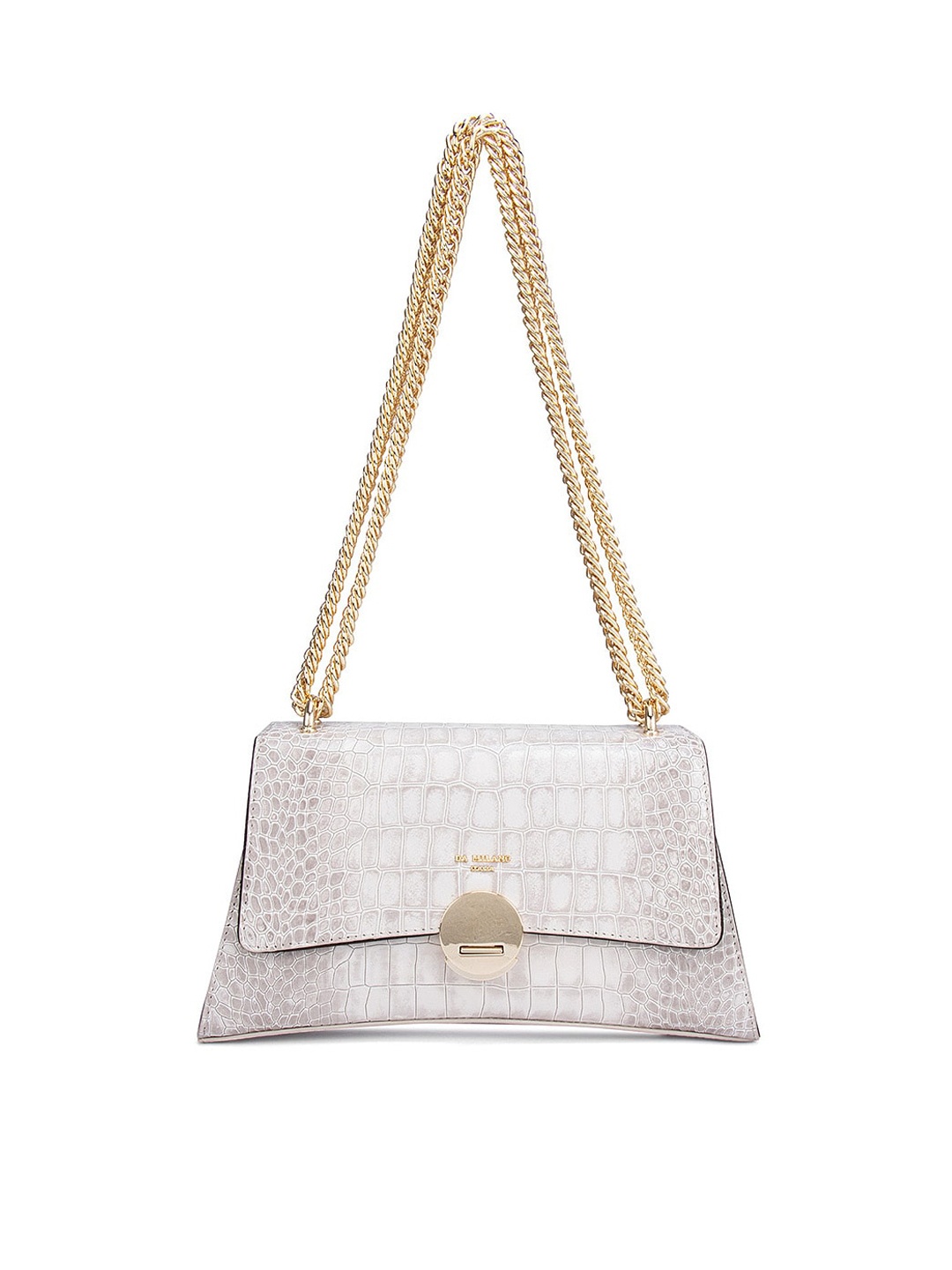 

Da Milano White And Gold Textured Chain Strap Leather Structured Sling Bag