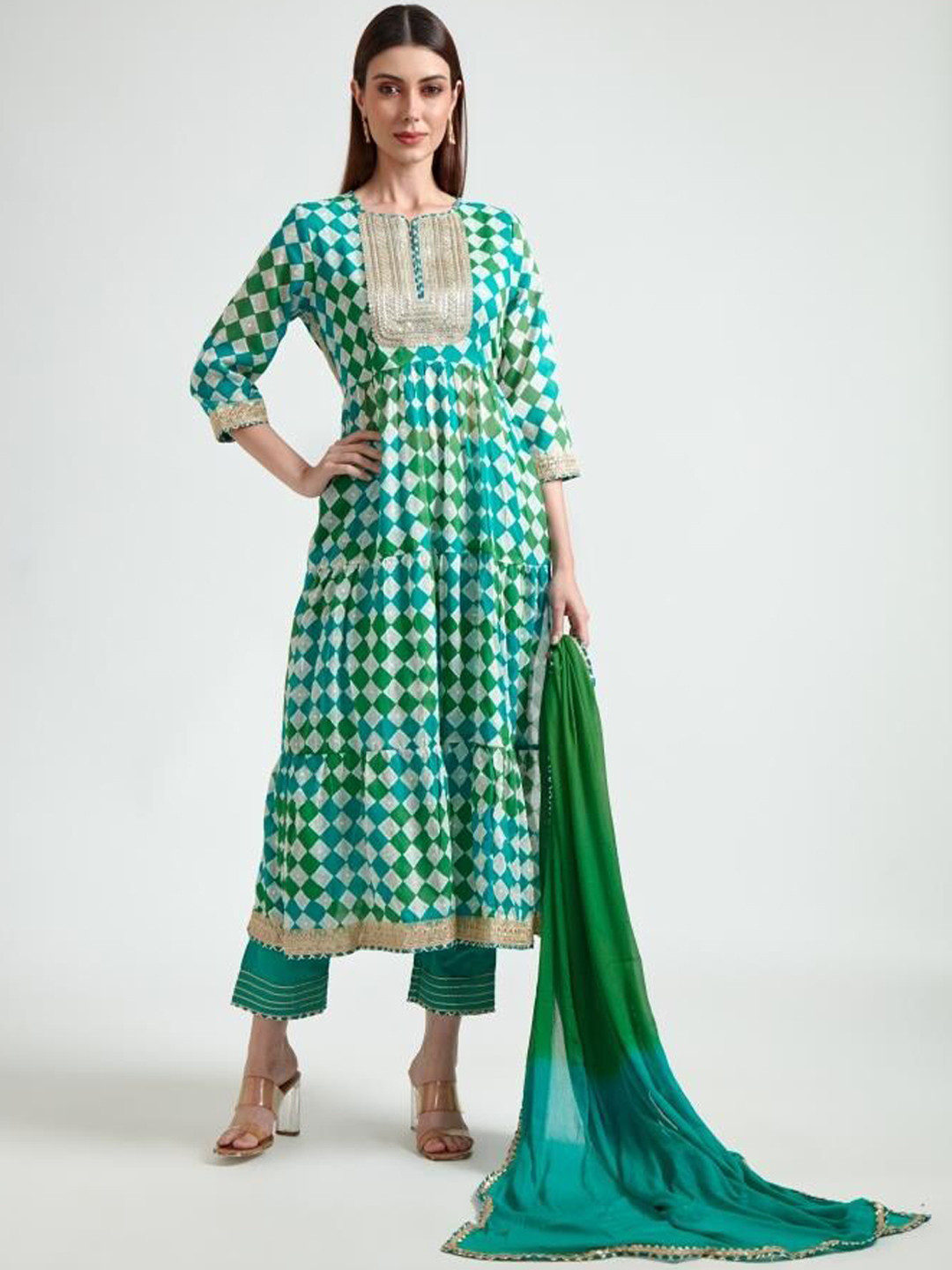 

Neerus Women Green Printed Aari Work Kurta with Trousers & With Dupatta