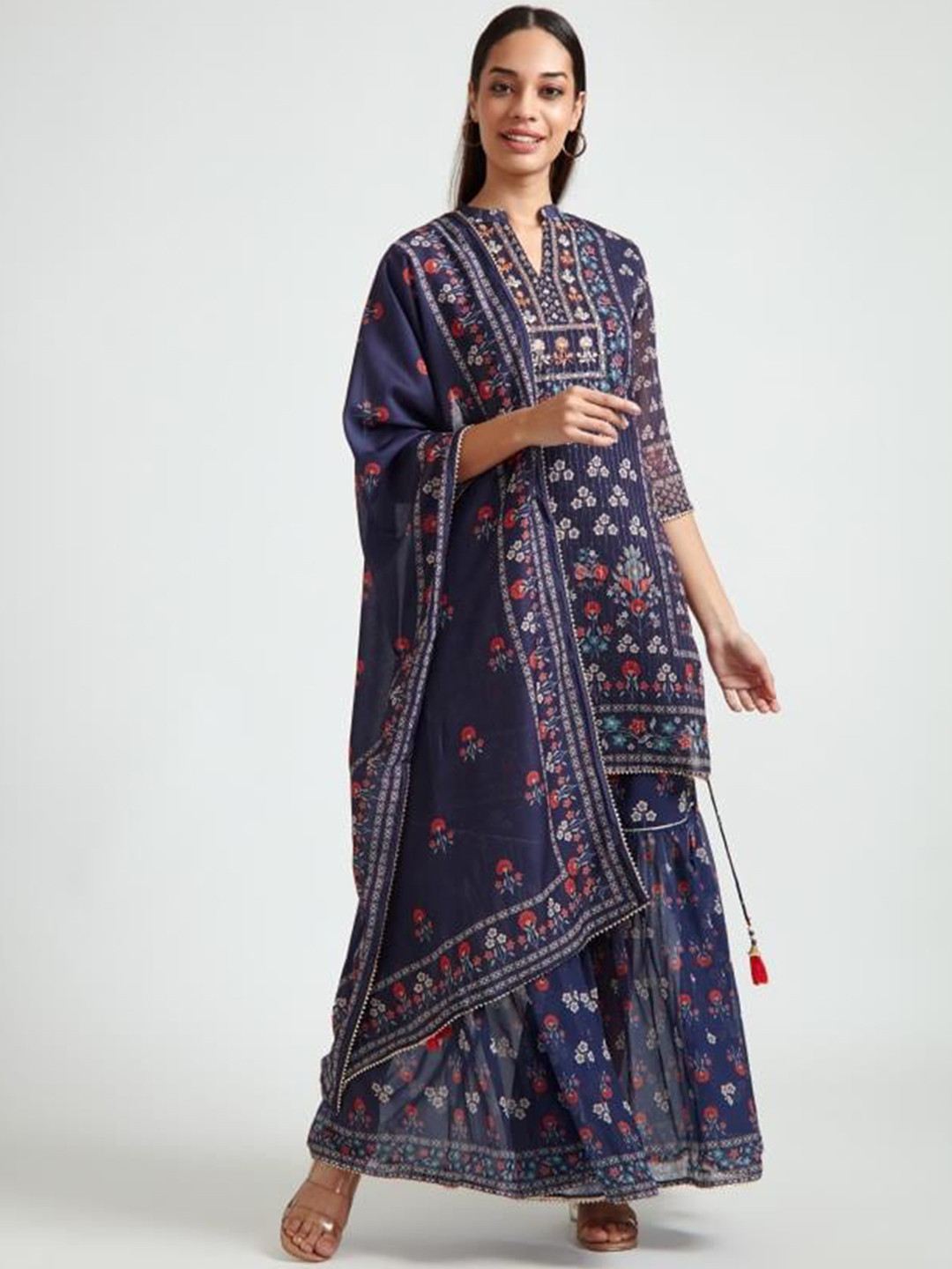

Neerus Women Navy Blue Floral Printed Silk Georgette Kurta with Sharara & With Dupatta